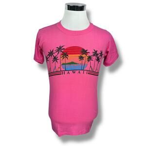 Vintage Hawaii Palm Trees T-Shirt Mens Large Pink Short Sleeve Cotton 80s Sunset